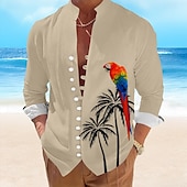preiswerte Vögel &amp; Tiere-Herren Papagei Hawaiihemd Sommerhemd Aloha-Shirt Langarm Hawaiianisch Resort Urlaub Sommer Frühling V Ausschnitt Knopf hoch Weiß Blau Grün Beige