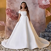 preiswerte Kleider für die Blumenmädchen-Blumenmädchenkleid Mädchen Kleid für die Erstkommunion Party Kleid Leistung Hochzeit Party Prinzessin Süß Gitter Feste Farbe Ärmellos Schulterfrei Elfenbein Kinder