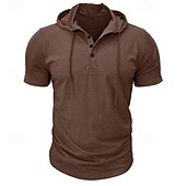 お買い得  カジュアルヘンリーTシャツ-男性用 ヘンリーシャツ ティートップ 平織り フード付き ストリート バケーション 半袖 衣類 ファッション デザイナー ベーシック
