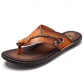 cheap Outdoor Sandals-Men&#039;s Vintage Faux Leather Flip-Flops – Casual Summer Sandals with Braided Strap for Beach and Outdoor Wear