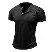 cheap Casual Henley Tee-100%Cotton Men&#039;s T Shirt Henley Shirt Tee Short Sleeve Shirt Tee Top Plain Vintage Designer Basic Button Up Henley Vacation Street Casual Daily Spring Summer Black White Light Green Henley T-Shirt