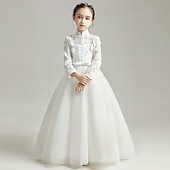 baratos Vestidos floridos-Vestido para Meninas das Flores Crianças Para Meninas Vestido de princesa Espetáculo Casamento Festa Elegante Lindo Com Transparência Côr Sólida Sem Manga Colarinho Clerical Branco 4 anos +