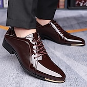 baratos Formal-sapatos sociais oxford masculinos de couro sintético envernizado – calçados sociais formais com cadarço e acabamento texturizado