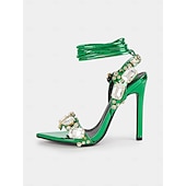 economico cocktail-Sandali con tacco a spillo da donna in pelle metallizzata verde con lacci e decorazioni in strass – sandali glamour per cocktail party e serate