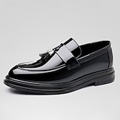 levne Poloformální-pánské černé lakované střapcové mokasíny – elegantní slip-on společenské boty pro formální události, svatby a obchodní oblečení