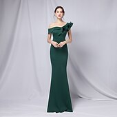 abordables VERT-Robe de soirée sirène  trompette robe élégante formelle mariage longueur de sol manches 3/4 une épaule crêpe extensible avec volants 2025