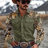 economico camicie western da uomo-Per uomo Color Block Camouflage Camicia occidentale Camicia da cowboy Manica lunga Occidentale Informale Casual Primavera Autunno Collo ripiegabile 2 tasche Marrone Verde Beige Grigio