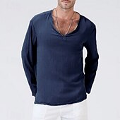 お買い得  コットンリネンTシャツ-男性用 リネンシャツ Tシャツ 長袖シャツ 長袖 Ｖネック 夏 春 &amp; 秋 ストライプ ヴィンテージ ファッション Ｖネック ワーク オフィス / キャリア カジュアル ブラック ホワイト グリーン メンズトップTシャツ