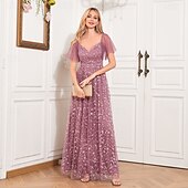 levne růžová-A-line večerní róba elegantní šaty na večírek plesové podlahové délky bez rukávů výstřih do V podzimní svatební host s tylovým žebříčkovým výstřihem s výšivkou