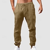 baratos Clássico-Homens Calças de linho Calças Calça verão Calças de gaze Com Cordão Cintura elástica Bolso frontal Tecido Conforto Respirável Comprimento total Casual Diário Feriado Moda Estilo Clássico ダークカーキ Preto