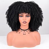 baratos Perucas Sintéticas sem Touca-peruca afro cacheada com franja perucas afro sintéticas para mulheres perucas curtas cacheadas crespas resistentes ao calor para festa diária