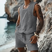 cheap Men&#039;s Basic Tees sets-Men&#039;s T-shirt Suits 2 Piece Summer Tracksuit Set Casual Sleeveless Suit Crew Neck Summer Knitwear Bohemia Vacation Knitted Vacation Black Brown Beige Top Tee for Men
