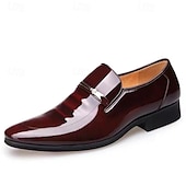 levne Poloformální-pánské hnědé lakované mokasíny z umělé kůže – prodyšné perforované slip-on společenské boty pro obchodní i formální příležitosti