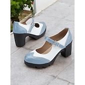 olcso Block Heels-női kék-fehér mary jane vaskos sarkú cipő brogue részletekkel, vintage stílusú kényelmes pumpák irodába, bulikba és mindennapi viseletre
