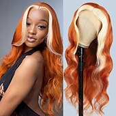 baratos Perucas de seda frontais de cabelo natural-Peruca de cabelo humano com renda frontal 13x4, mechas ruivas, cor 613#, peruca de renda corporal de 10 a 28 polegadas, densidade de 150%