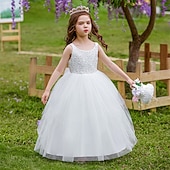 baratos Vestidos floridos-Vestido para Meninas das Flores Crianças Para Meninas Vestido de princesa Espetáculo Casamento Festa Elegante Lindo Com Transparência Côr Sólida Sem Manga Gola Redonda Branco Rosa 4 anos +