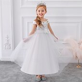 billige Blomsterkjoler-Blomsterpikekjole Barn Jente Prinsesse kjole Ytelse Bryllup Fest Elegant Vakker Netting Helfarge Ermeløs Løse skuldre Hvit Champagne 4 år +