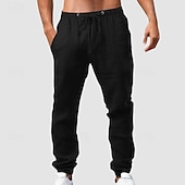 baratos Clássico-Homens Calças de linho Calças Calça verão Calças de gaze Com Cordão Cintura elástica Bolso frontal Tecido Conforto Respirável Comprimento total Casual Diário Feriado Moda Estilo Clássico ダークカーキ Preto