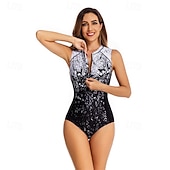 preiswerte One Pieces Rash Guards-Damen Anti UV Shirt Badeanzug Bademode Bedruckt Frontreißverschluss Spandex UV-Sonnenschutz UPF50+ Schnelltrocknend Ärmellos Bodysuit Badeanzug Surfen Strand Wassersport Sommer