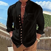 economico Vacanza-Per uomo Camicia camicia di lino Camicia Guayabera Camicia estiva Maglietta informale Camicia con bottoni Liscio Da mare Curise Nero Bianco Rosa Cachi Manica lunga A fascia Estate Primavera &amp; Autunno