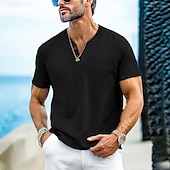 cheap Casual Henley Tee-Men&#039;s Henley Shirt Tee Top Short Sleeves Plain Fashion Designer Basic Buttons V Neck V Neck Vacation Street Going out Summer Black White Light Blue Henley T-Shirt