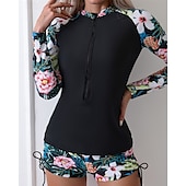 halpa Ihottumavartiot-Naisten Rashguard-uimapuku Kevyt Pitkähihainen Uima-asut Uimapuku 2-osainen Etuvetoketju Uinti Lainelautailu Hiekkaranta Vesiurheilu Kukat Tilkkutäkki Painettu Kesä Kevät Syksy