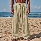 baratos Feriado-Homens Calças de linho Calças Calça verão Calças de praia Com Cordão Cintura elástica Perna reta Tecido Conforto Respirável Comprimento total Casual Diário Feriado Férias Moda Preto Branco