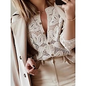 preiswerte Spitzenoberteile-Damen Bluse Feste Farbe Basic Brautkleider schlicht Langarm Rundhalsausschnitt Normale Oberteile Täglich Ausgehöhlt Knopf Khaki Herbst Winter