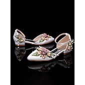 tanie Półformalny-damskie białe, kwiatowe, płaskie buty ślubne z paskiem przy kostce - eleganckie buty ślubne na śluby i ceremonie w ogrodzie