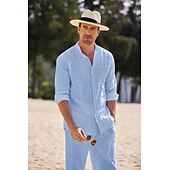 cheap Men&#039;s Basic Shirts Sets-Men&#039;s 2 Piece Shirt Set Summer Shirt Matching Sets Beach Shirt Button Up Shirt Plain Vacation Casual Black White Blue Khaki Long Sleeve Collar Spring &amp; Summer Clothing Apparel