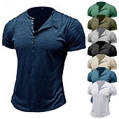 cheap Casual Henley Tee-100%Cotton Men&#039;s T Shirt Henley Shirt Tee Short Sleeve Shirt Tee Top Plain Vintage Designer Basic Button Up Henley Vacation Street Casual Daily Spring Summer Black White Light Green Henley T-Shirt