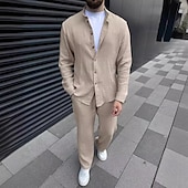 billiga Basic skjortor för män-Herr 2 delar Skjorta set Matchande set Casual skjorta Knapp upp skjorta Svart Vit Blå Grön Khaki grön Långärmad Slät Bandkrage Semester Dagligen Kläder Mode Ledigt