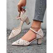 Χαμηλού Κόστους Block Heels-γυναικείες μπεζ φλοράλ κομμένες κούπες με τακούνι με λουράκι στον αστράγαλο - κομψά παπούτσια φορέματος για δουλειά, γάμους και πάρτι