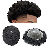halpa Hiuspalat ja -housut-afro toupee mustille miehille afro aaltoileva miesten toupee hiusten korvausjärjestelmät täysi poly ohut iho injektio afrikkalainen mies afro kihara toupee pu 1# jet black-10mm