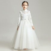 baratos Vestidos floridos-Vestido para Meninas das Flores Crianças Para Meninas Vestido de princesa Espetáculo Casamento Festa Elegante Lindo Com Transparência Côr Sólida Sem Manga Colarinho Clerical Branco 4 anos +