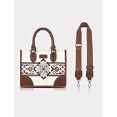 cheap Handbag &amp; Totes-Women&#039;s Canvas and Faux Leather Handbag Set with Ethnic Embroidery, Bohemian Style Tote Bag and Matching Clutch, Perfect for Travel and Everyday Use Black White Brown