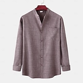 preiswerte Klassiker-Herren Hemd leinenhemd Hemd mit Stehkragen Knopfhemd Glatt Urlaub Festtage Purpur Khaki Grau Langarm Stehkragen Sommer Frühling &amp; Herbst Bekleidung