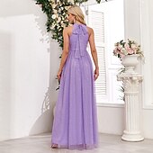 levne Šaty pro svatební hosty-A-line šaty pro svatební hosty elegantní šaty svatební hosti na večírky maximální délky bez rukávů halterneck podzimní svatební host tulle s mašlí