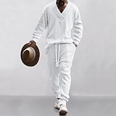 olcso Férfi Basic Tees szettek-Férfi Póló öltönyök Tracksuit Pólók és húzózsinóros hosszú nadrágok Hosszú ujj V-alakú Tavasz &amp; Ősz Sima Testedző Alkalmi 2 db Kötni Vakáció Hétköznapi viselet Sportruházat Fekete Fehér Tengerészkék