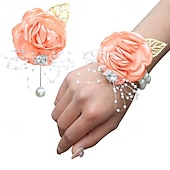 ieftine Plante și flori artificiale-Pachet de 2 set de butoniere pentru încheietura mâinii, trandafir artificial, floare de mătase lucrată manual, pentru flori de nuntă, accesorii, decor costum de bal