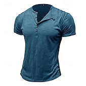cheap Casual Henley Tee-100%Cotton Men&#039;s T Shirt Henley Shirt Tee Short Sleeve Shirt Tee Top Plain Vintage Designer Basic Button Up Henley Vacation Street Casual Daily Spring Summer Black White Light Green Henley T-Shirt