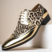 economico Formale-scarpe oxford da uomo con stampa leopardata dorata – design audace in vernice con dettagli brogue per feste e spettacoli teatrali