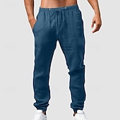 baratos Clássico-Homens Calças de linho Calças Calça verão Calças de gaze Com Cordão Cintura elástica Bolso frontal Tecido Conforto Respirável Comprimento total Casual Diário Feriado Moda Estilo Clássico ダークカーキ Preto