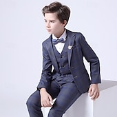 cheap Boy&#039;s Formal Suit-4 Pieces Ring Bearer Suit Boys Kids Suit Formal Suit Blazer &amp; Vest &amp; Pants &amp; Tie Formal Set Formal Party Fashion Cool Plaid Pocket Blue Cotton
