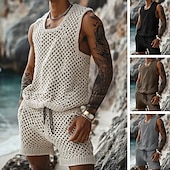 cheap Men&#039;s Basic Tees sets-Men&#039;s T-shirt Suits 2 Piece Summer Tracksuit Set Casual Sleeveless Suit Crew Neck Summer Knitwear Bohemia Vacation Knitted Vacation Black Brown Beige Top Tee for Men