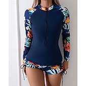 halpa Ihottumavartiot-Naisten Rashguard-uimapuku Kevyt Pitkähihainen Uima-asut Uimapuku 2-osainen Etuvetoketju Uinti Lainelautailu Hiekkaranta Vesiurheilu Kukat Tilkkutäkki Painettu Kesä Kevät Syksy