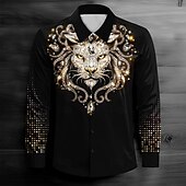 economico Stampa animal-Per uomo Leone Camicia con colletto Camicia con bottoni Manica lunga Scuro Casual Informale Primavera Autunno Collo ripiegabile Abbottonare Nero Giallo Blu