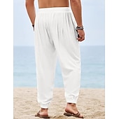 baratos Feriado-Homens Corredores Calças de linho Calças Calça verão Calças de praia Com Cordão Cintura elástica Tecido Conforto Respirável Comprimento total Ao ar livre Diário Feriado Férias Moda Preto Branco