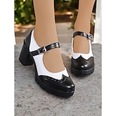 olcso Block Heels-női kék-fehér mary jane vaskos sarkú cipő brogue részletekkel, vintage stílusú kényelmes pumpák irodába, bulikba és mindennapi viseletre
