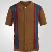 olcso Férfi nyomtatott póló-Férfi Button Up Polos Golfing Hétköznapi Sport Hajtóka Rövid ujjú Divat Alap Színes Kollázs Gombok Nyár Fekete Sötétkék Barna Button Up Polos